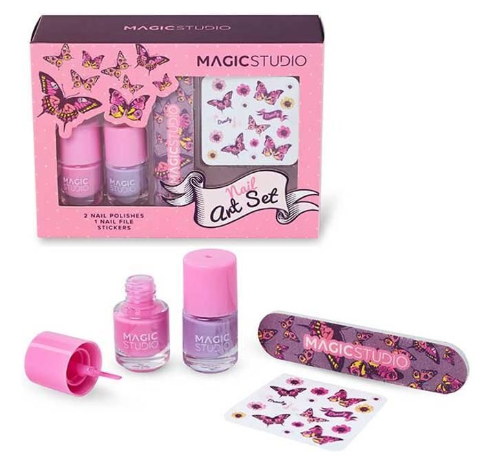 MAGIC STUDIO Pin Up Nail Art Set - Manicure Kit with 2 x 4ml Nail Polishes (Pink and Purple), Nail File and Stickers - For All Styles