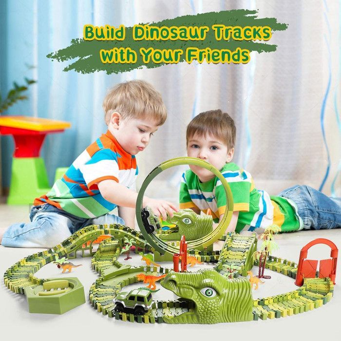 Coche eléctrico de dinosaurio - Set de pista de 240+29 piezas con túnel, puente y mini coches - Juguete modular de dinosaurio para armar