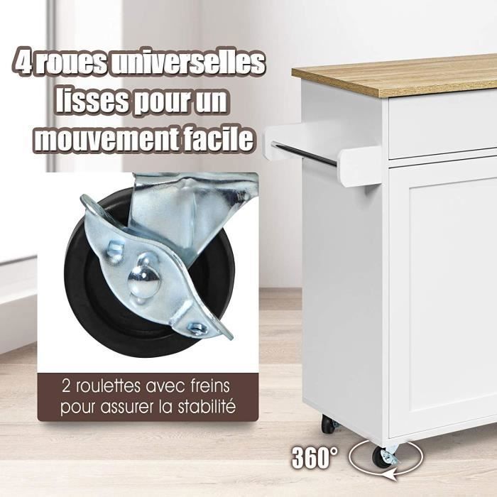 COSTWAY Desserte de Cuisine, Bîlot de Cuisine à Roulettes avec Grand Placard, Tiroir, Porte-Epices et Porte-Serviettes Blanc