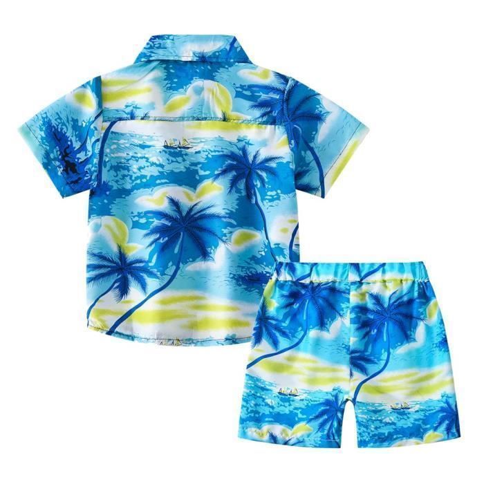 Hawaiian Short-Sleeve Shirt and Beach Shorts Set with Elastic Waist, 2-Piece Summer Outfit for Boys - Blue
