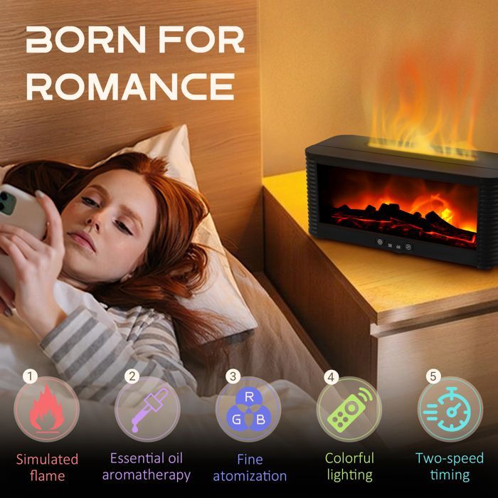 Diffusore di aromi con effetto camino: 7 effetti fiamma colorati, spegnimento automatico in caso di basso livello dell'acqua.