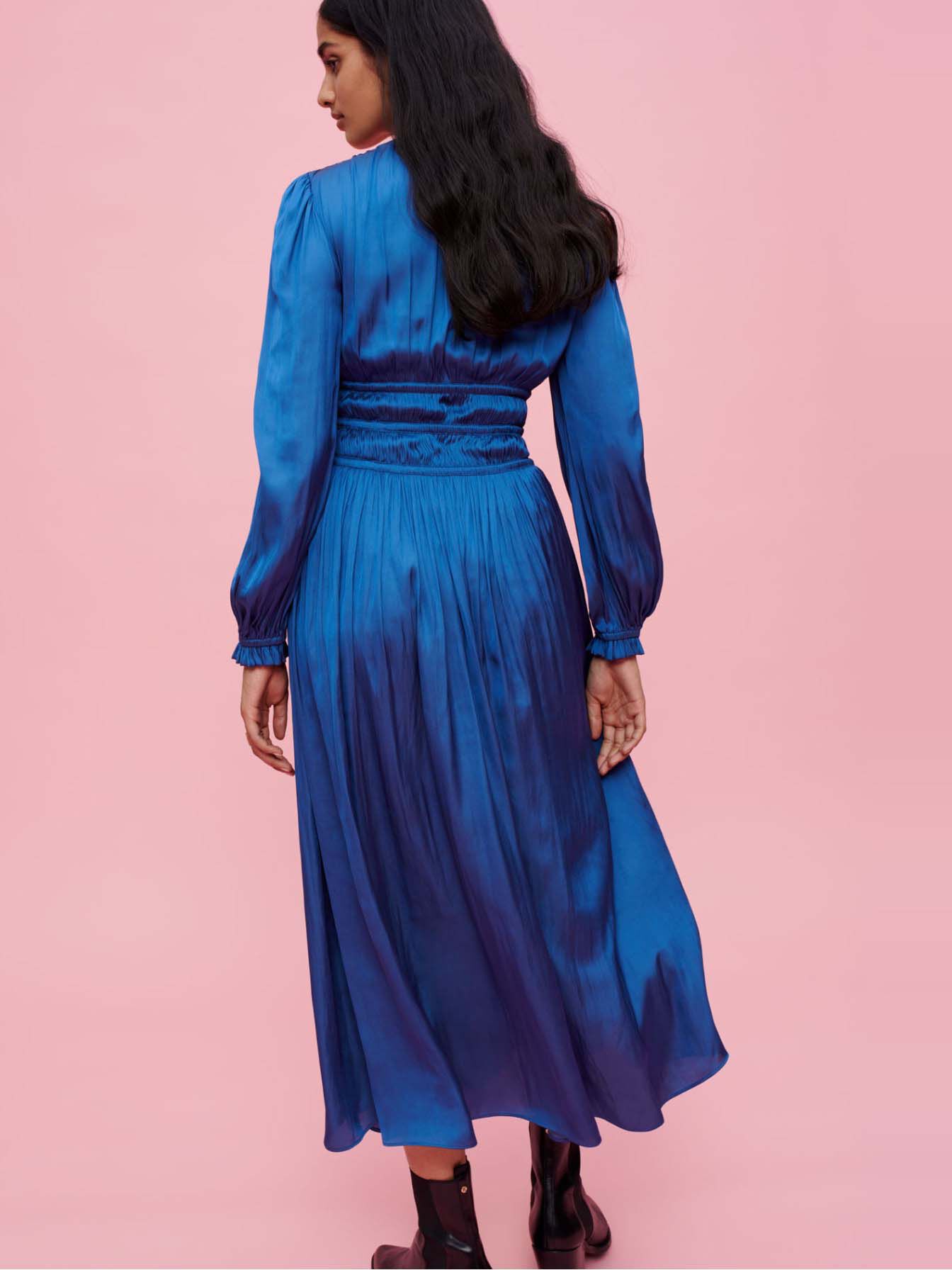 Rochie din satin cu talie încrețită - Albastră