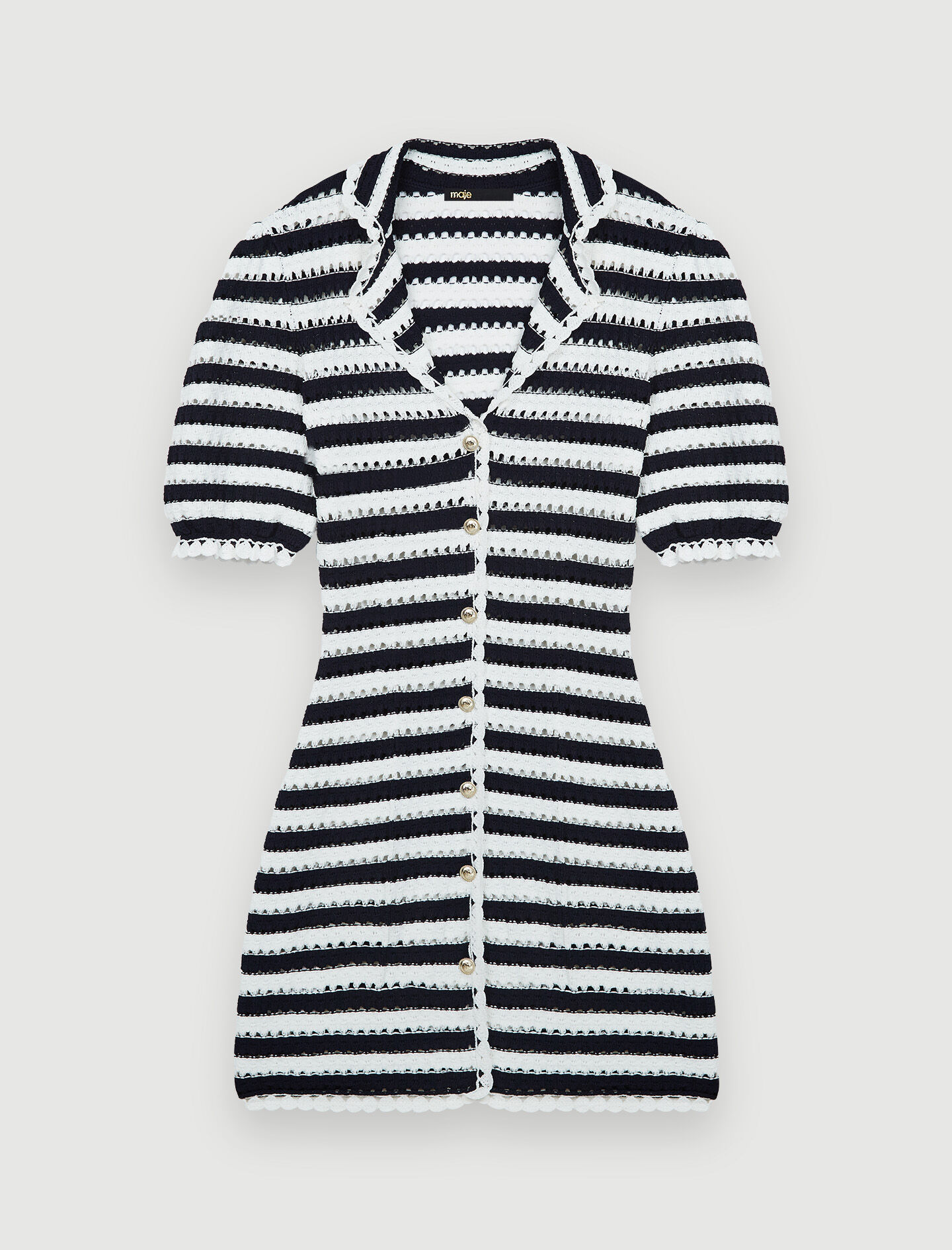 Rochie cu efect croșetat în dungi - Bleumarin / Ecru