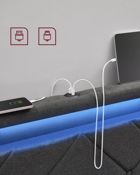 Struttura letto con contenitore, 160 x 200 cm, con illuminazione a LED, 4 cassetti, multipresa, testiera imbottita regolabile, grigio ardesia e nero opaco.
