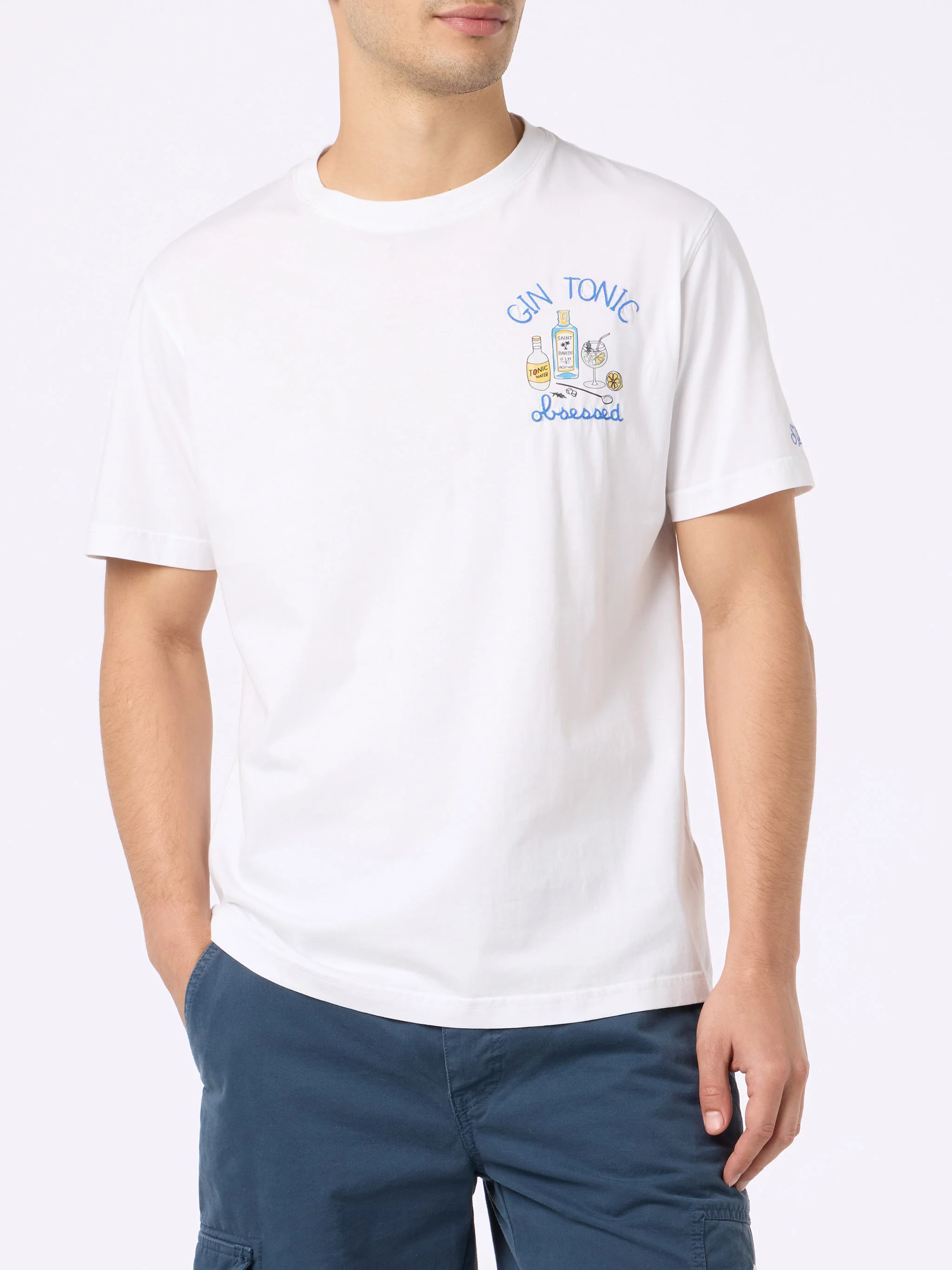 Men's Cotton T-Shirt with 'Gin Tonic Obsessed' Embroidery on Chest, White, Logo Embroidery, Piece-Dyed, Crewneck, Short Sleeves | MC2 Saint Barth