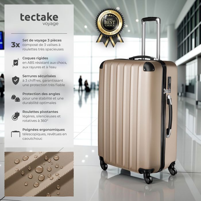 Maleta - TECTAKE - Juego de maletas con ruedas de plástico ABS rígido de 75 x 50 x 30 cm - Champagne