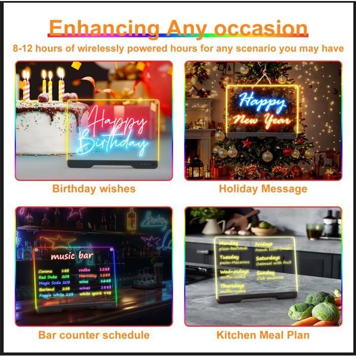 Pizarra LED iluminada con mensaje borrable, 35 cm x 25 cm, tableta gráfica iluminada con lápiz de 7 colores y soporte.