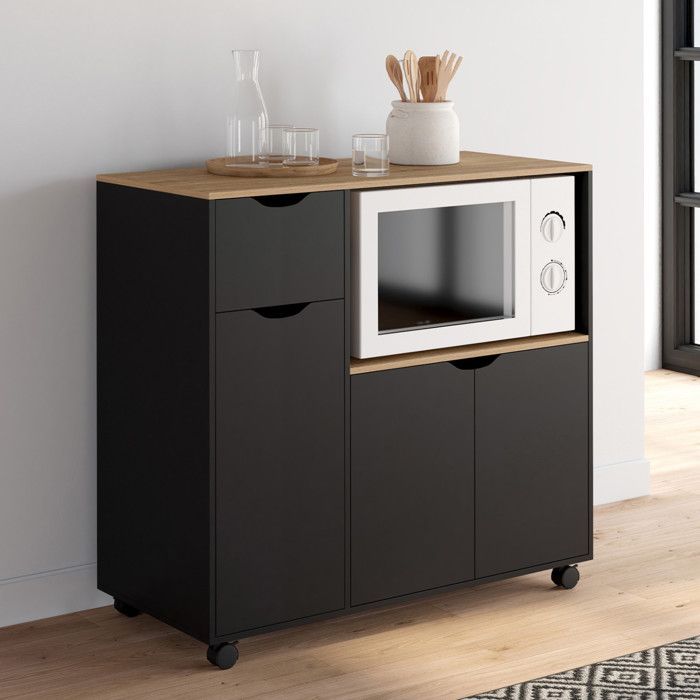 IDMARKET COSI XXL keukenwagen met magnetron, kastjes, zwarte houten lade en planken met beukenlook, 90 cm breed