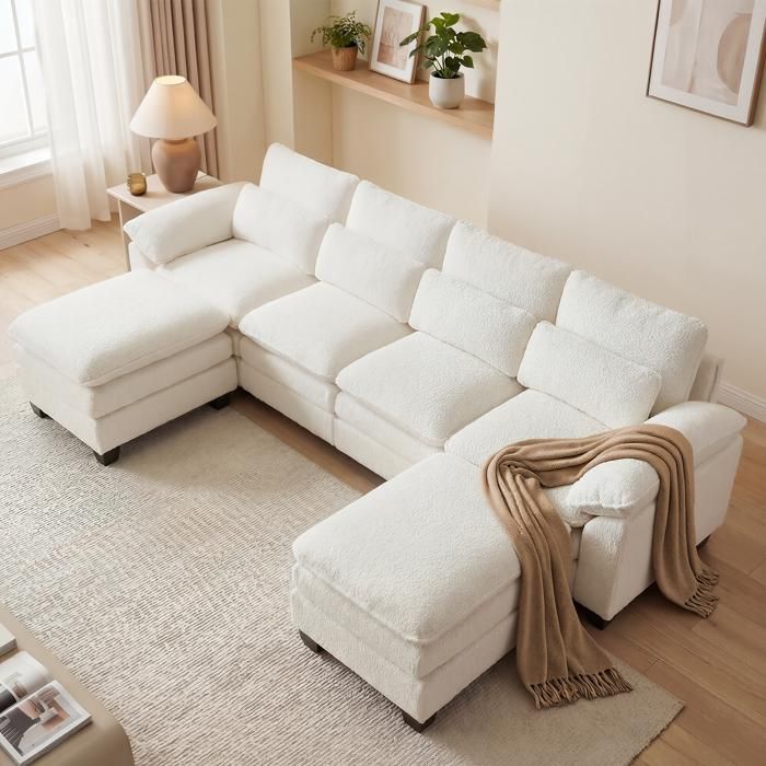 Divano angolare modulare a forma di U extra-large, cuscino di seduta a doppio strato soffice, 2 pouf rimovibili, tessuto in velluto beige effetto orsacchiotto.