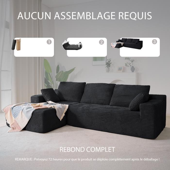 Canapé d'angle gauche 263x171x 59cm  4 places, combinaison libre, sans assemblage canapé en L avec méridienne Noir en Velours cotelé
