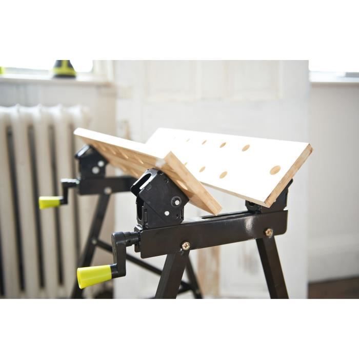 RYOBI - Banco de trabajo plegable giratorio de 90° - Mesa de bambú 605 x 625 x 790 mm - 6,5 kg - Incluye 4 mordazas y 1 llave de servicio - RWB02