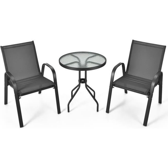 COSTWAY Salon de Jardin 3 Pièces - 1 Table de Jardin Exterieur avec 2 Fauteuils, Plateau Ø 60 cm en Verre Trempé Cadre en Acier