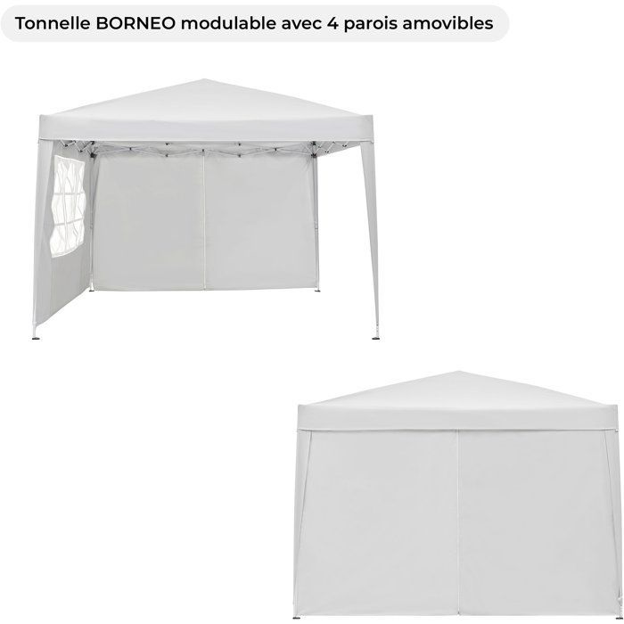 Tonnelle de jardin pliante - BORNEO - Cadre blanc et toile écru - 4 parois - Sac de transport - 3 x 3 m