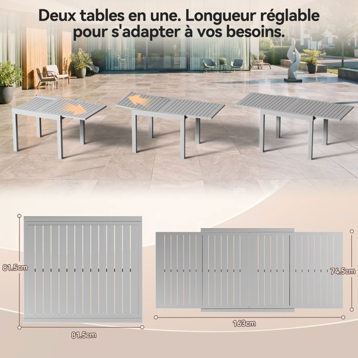 Table de Jardin Extensible en Aluminium | 200kg Fermé / 150kg Ouvert | 4-8 Personnes, Stable & Résistante, Gris clair
