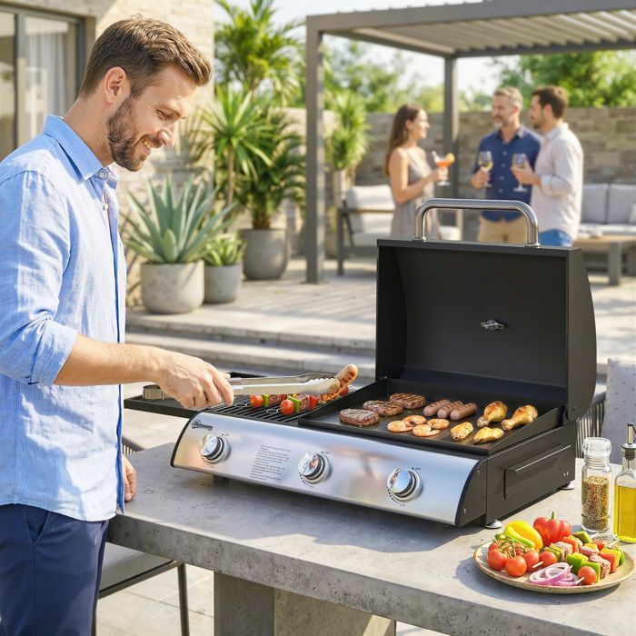 Barbacoa de gas de sobremesa - Outsunny - parrilla y plancha combinadas con tapa y termómetro - acero inoxidable - 77x47x27cm - negro