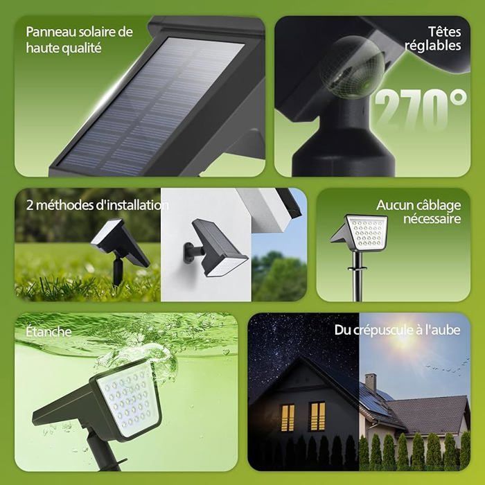 Conjunto de 2 holofotes solares externos à prova d'água com 28 LEDs, 7500K, iluminação paisagística para jardim.