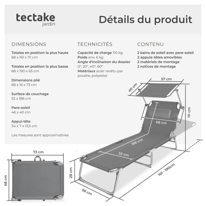 Bain de soleil - TECTAKE - Lot de 2 transats jardin CHLOE, 4 niveaux réglage, appuie-tête moelleux en acier 68x161x111cm - Gris