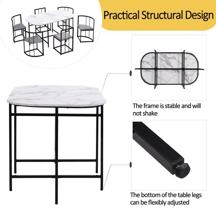 Eettafelset (140x80cm) met 6 stoelen - Tafel en stoelen - Stoelen met rugleuning en grijze kussens - Moderne stijl - Zwart