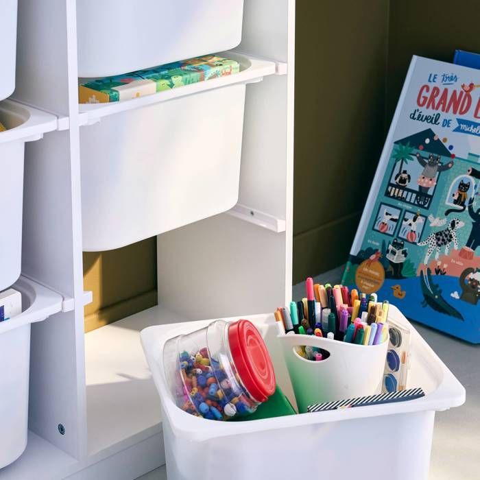 Children's storage unit. White. 6 plastic storage bins