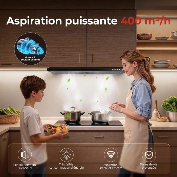 Hotte Aspirante 60cm Noir, 400m³/h Recyclage & Evacuation avec Filtre à Charbon, A+++,