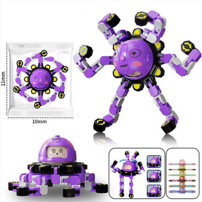 Pião mecânico roxo com rostos que mudam, projetado para brincadeiras educativas e relaxantes.