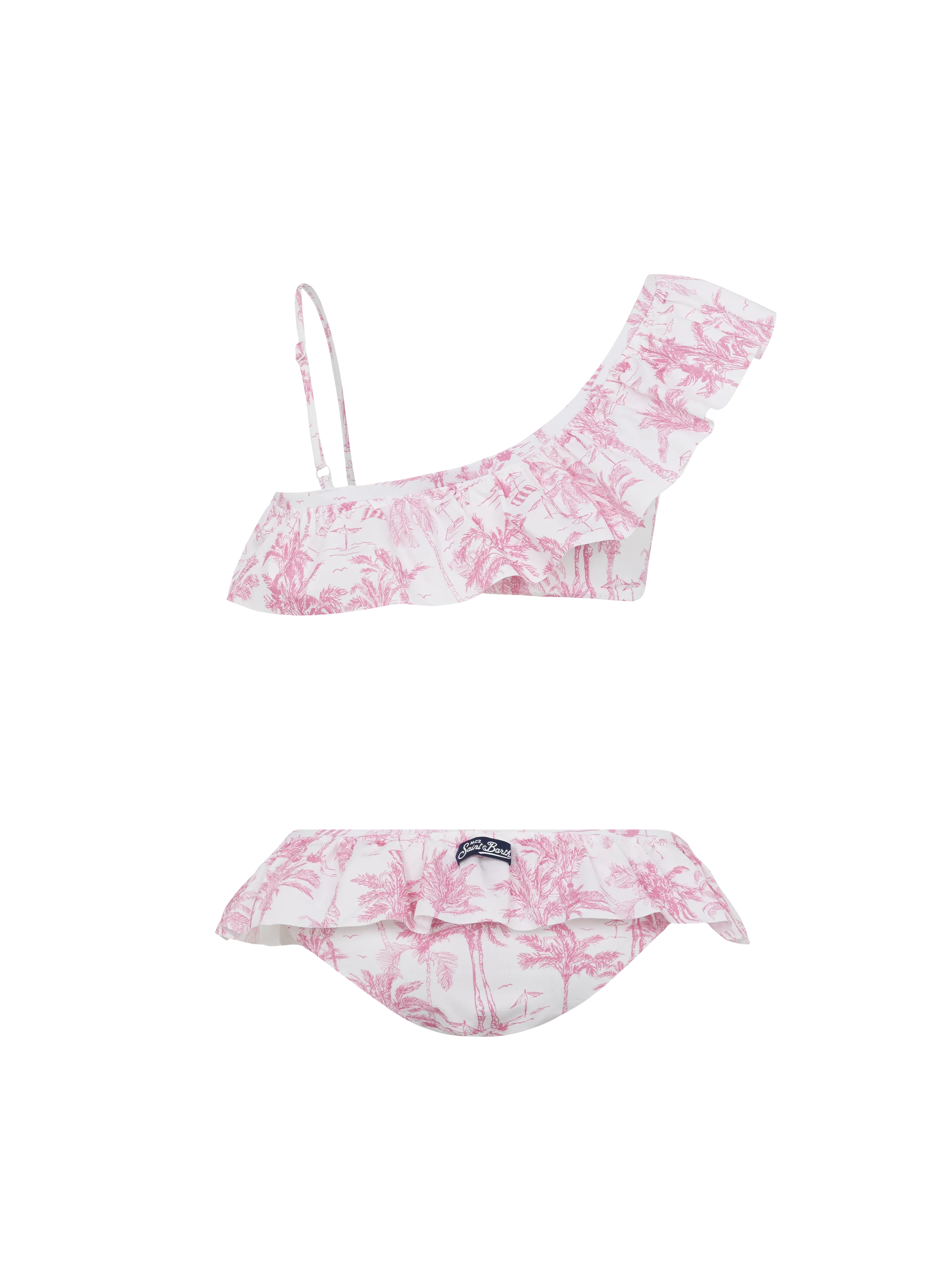 Bikini monospalla Rey con volant e stampa Toile de Jouy