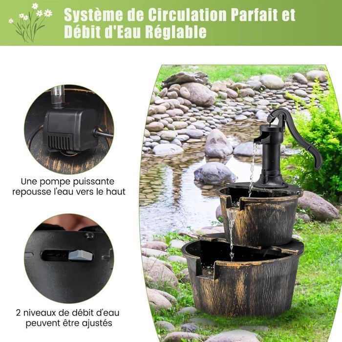 Fontana da giardino GIANTEX, fontana a cascata a botte per esterni, con pompa di circolazione, rubinetto decorativo e flusso d'acqua regolabile.