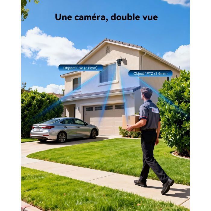 Caméra de Surveillance Extérieure Solaire WiFi Double Objectif, PTZ Détection Humaine PIR, 8W Panneau Solaire & 10400mAh Batterie