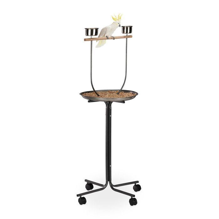 Relaxdays Papegaaienzitstok, XL, Houten spijlen, 2 voerbakjes, op wielen, Valkparkieten, HWD 130 x 60 x 60 cm, Zilver