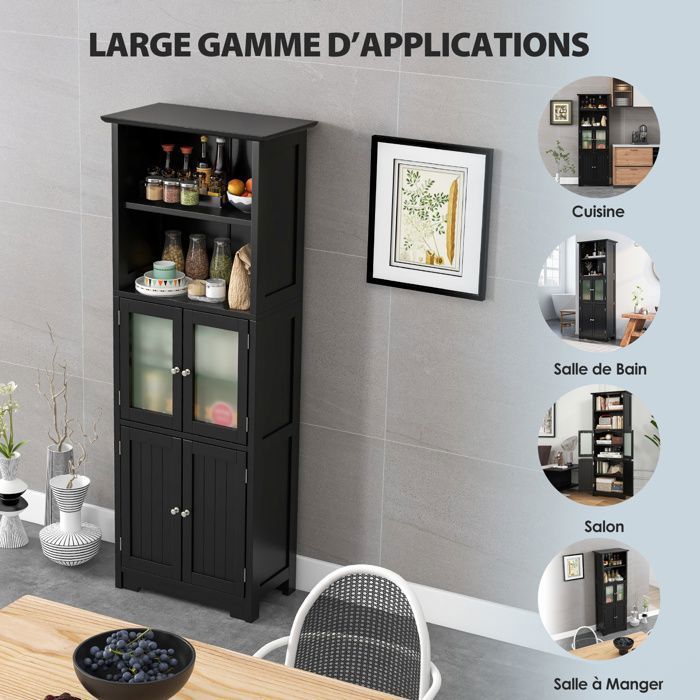 COSTWAY Colonne Salle de Bain avec 4 Portes 2 Compartiments Ouverts, Armoire Salle de Bain, Étagères Réglables, 60x30x163 cm, Noir