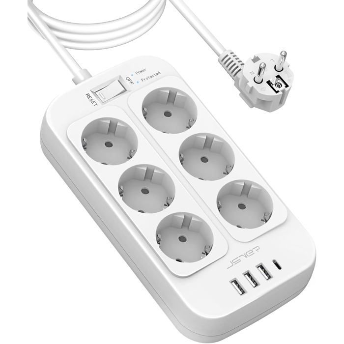 Regleta de enchufes 3M, regleta de 6 tomas con 4 puertos de carga USB (3 USB-A + 1 USB-C), protector contra sobretensiones, pararrayos.