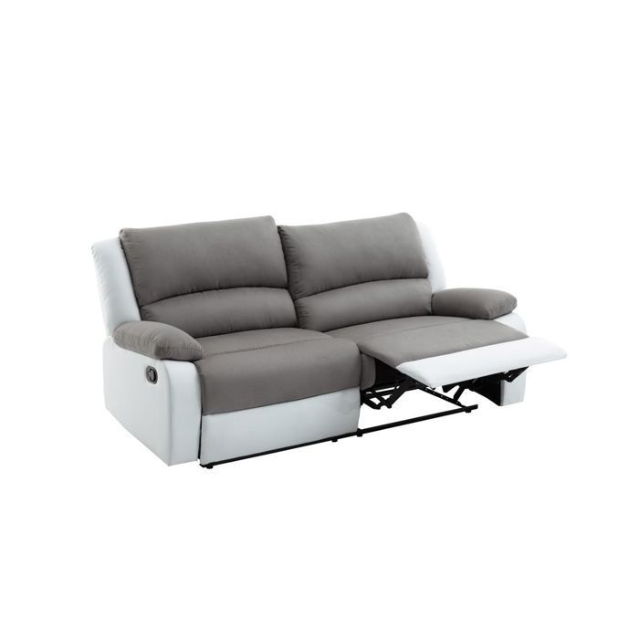 LEO 3-Sitzer-Sofa mit manueller Relaxfunktion und 2 extra großen Sitzen in Mikrofaser und Kunstleder – Weiß/Grau – B 193 x T 93 x H 96 cm – LOUNGITUDE