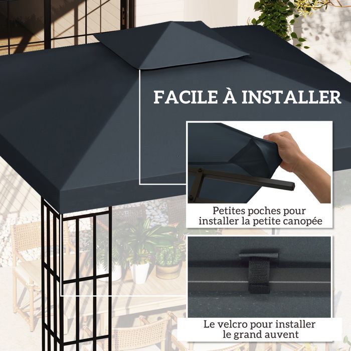 Toile de rechange pour pavillon - Outsunny - 3 x 3 m - polyester haute densité 180 g/m² - gris foncé