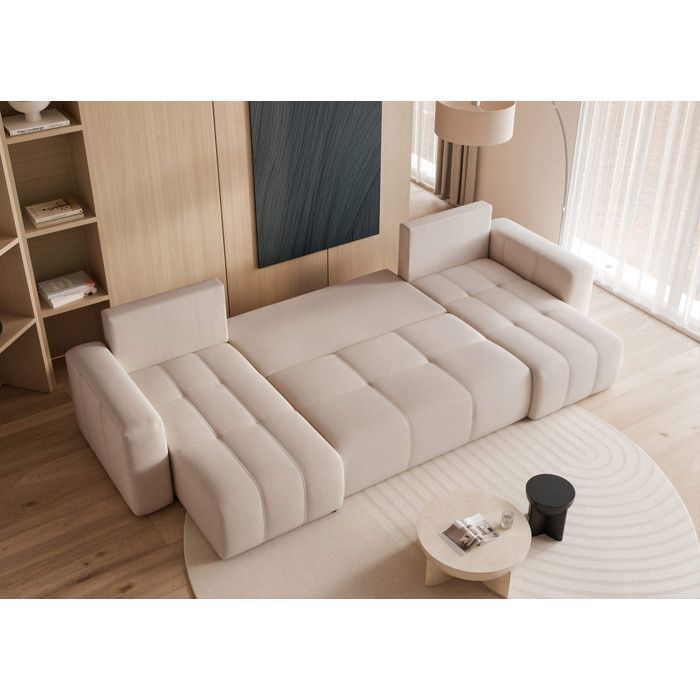 Divano angolare PEDRO - 7 posti - divano trasformabile con contenitore - tessuto in velluto - beige