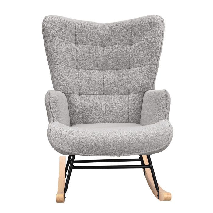 Fauteuil à Bascule Rembourré, Fauteuil à Oreilles allaitement, Tissu Velours Teddy, Chaise à Bascule Relaxante, pour Salon, Gris