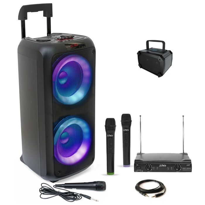 Pack Enceinte Karaoke USB Bluetooth 600W Ibiza VENUS600 - 3 micros - Câble PC - Cadeau 1 mini enceinte Extérieur