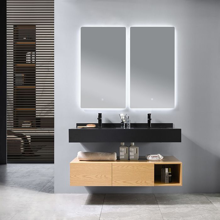 150cm double sink bathroom vanity unit in wood and black with adjustable LED mirror LB-8470-150 LuxuryBain-