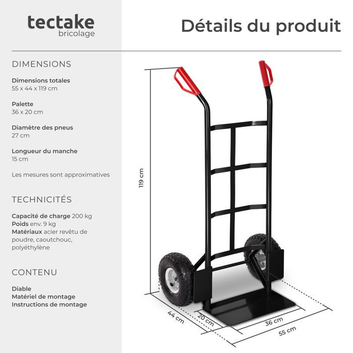 Sackkarre – TECTAKE – Stabile Sackkarre mit Stahlrahmen und Kunststoffgriffen, 200 kg Tragkraft – Schwarz