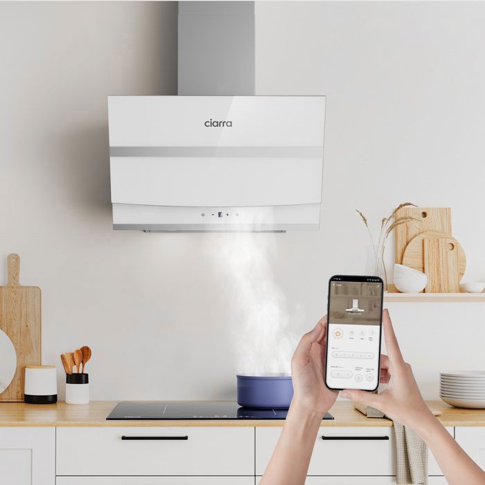 CIARRA 60 cm Schräghaube A+++ 650 m³/h WLAN 4 Geschwindigkeitsstufen Touch-Bedienung 58 dB – Umluft oder Abluft + Startzeitvorwahl – Weiß