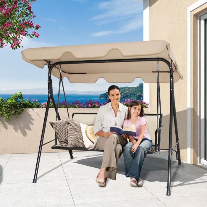 Columpio de jardín COSTWAY de 3 plazas en poliéster y acero con toldo ajustable resistente a los rayos UV para balcón o terraza, 170 x 110 x 150 cm.