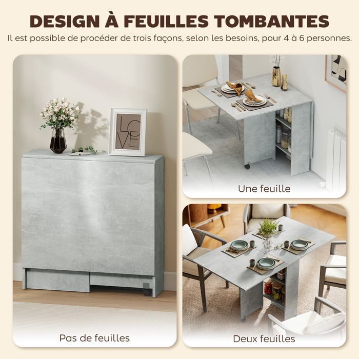 Table pliante - HOMCOM - cuisine salle à manger amovible sur roulettes 2 étagères intégrées - bois - 75x140x74cm - gris