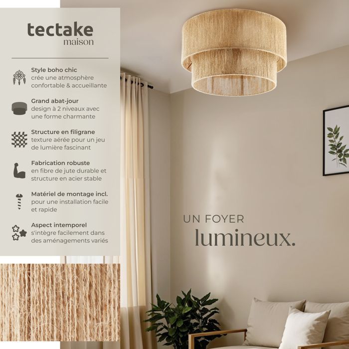 Deckenleuchte – TECTAKE – LIGNEA LUX Leuchte aus geflochtenen Jutefasern und Stahl, im Bohème-Stil, 40 W, 45 x 25 cm – Braun