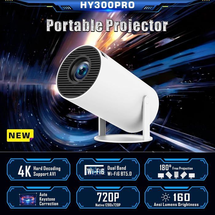 Mini projecteur - ETHNICS ORIGINS - Portable Android 11 - 4K natif (3840x2160) - WiFi 6 bi-bande - Correction trapézoïdale auto
