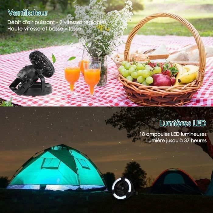 Ventilador de camping 2 em 1 com LED, portátil, para pendurar, 15 cm, 2 velocidades, rotação de 360°, funciona a bateria – Preto