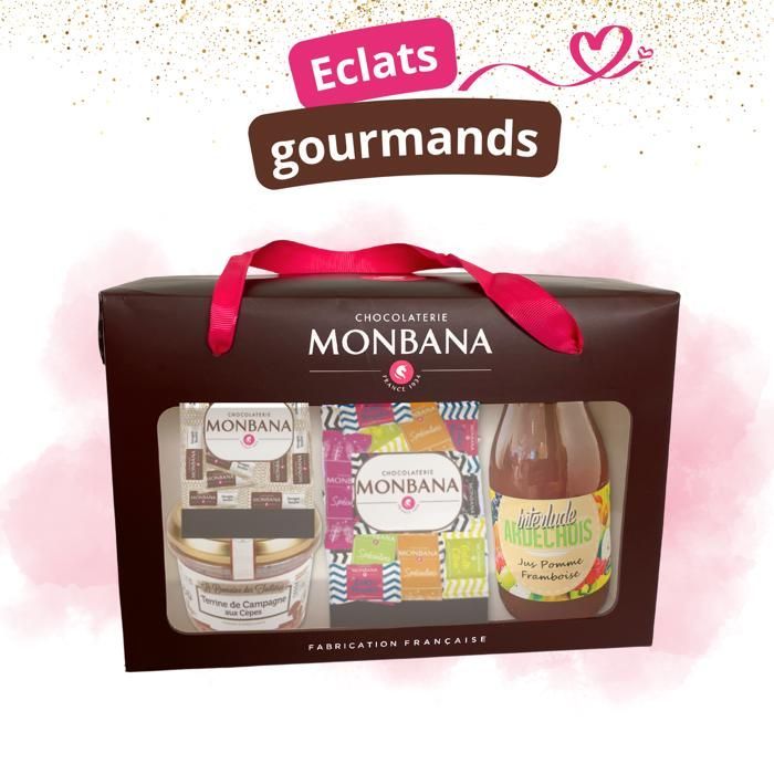 Cadeaupakket met zoet en hartig | MONBANA koekjes en nougat, terrine van eekhoorntjesbrood en vruchtensap uit de Ardèche | Franse selectie, klaar om cadeau te geven
