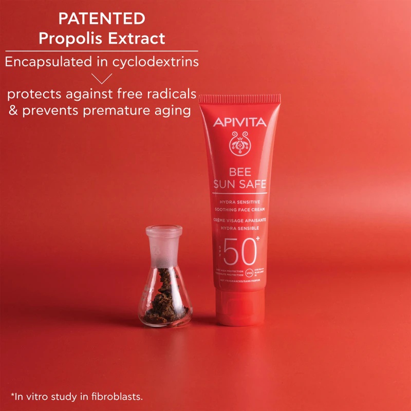 Apivita Bee Sun Safe Hydra Sensitive raminamasis veido kremas SPF50+ drėkinamasis ir raminamasis kremas SPF 50+