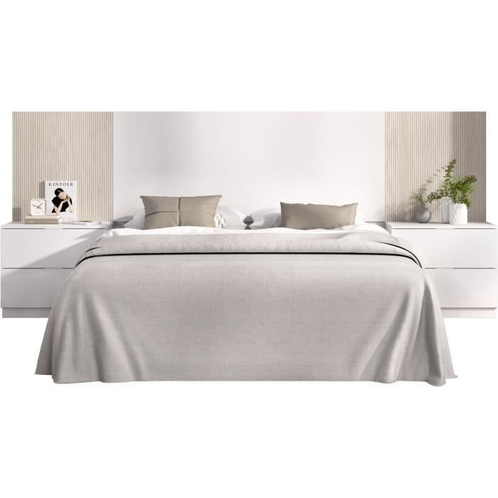 Cabecero con mesitas de noche integradas - LOMA - Blanco / Madera - 258,6 x 34,2 x 106 cm