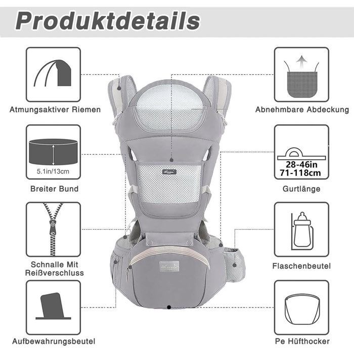 Porte-bébé 6 en 1 avec assise de hanche (ergonomique, respirant, monobloc, réglable), pour les nouveau-nés et les jeunes Étiquette