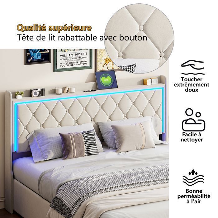 Cama doble de 140 x 200 cm con cabecero y somier de láminas, tapizada con iluminación LED y puertos USB, estructura de cama de 140 x 200 cm, terciopelo, color beige.