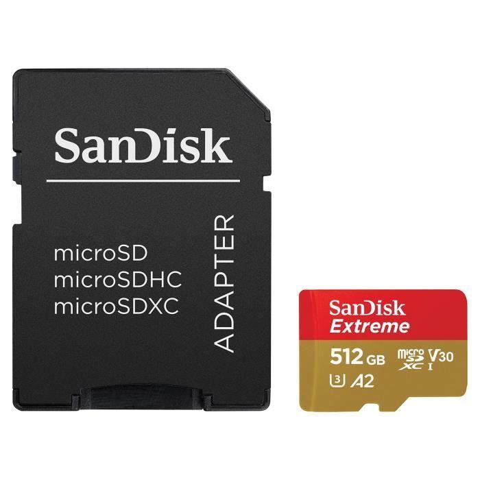 Carte mémoire microSDXC SanDisk Extreme 512 Go + adaptateur SD jusqu'à 160 Mo-s, avec la Classe de vitesse UHS 3 (U3), V30
